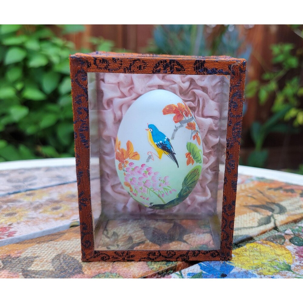 Hand Painted  Blue Bird Floral Egg in Glass Display Case - 1950s